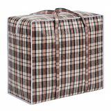 Plaid patterned storage bag with handles on a white background