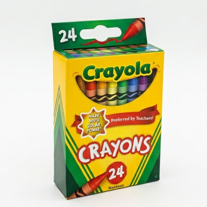 Box of Crayola crayons with colorful crayons inside on a white background