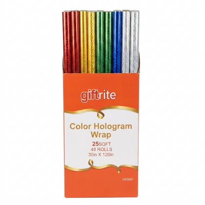 Packaging of Giftrite Color Hologram Wrap with colorful rolls on an white background