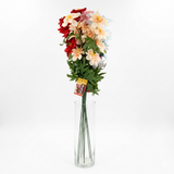 Bouquet of dahlia flowers in a clear vase on a white background