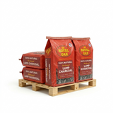 Three bags of Royal Oak lump charcoal on a wooden pallet with a white background