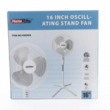 Box of HomeRite 16 inch oscillating stand fan on a white background