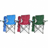 Three folding chairs in blue, red, and green with carrying bags on a white background