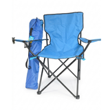 Blue folding chair with carrying bag on a white background