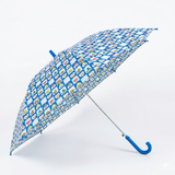 Blue umbrella with cartoon character pattern on a white background