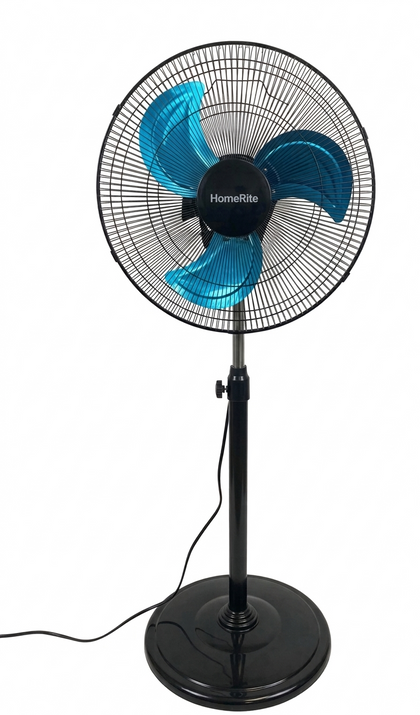 Black and blue oscillating stand fan on a white background