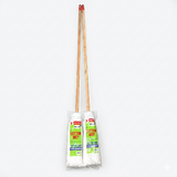 Two cotton mops with wooden handles in packaging on a white background