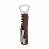 Wine opener with brown handle and silver accents on a white background