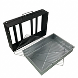 Barbecue grill with black frame and metal grates on a white background