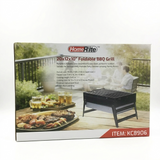 Home Rite foldable BBQ grill packaging with outdoor scene and product image.
