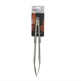 Stainless steel tongs on a white background with a brand label.
