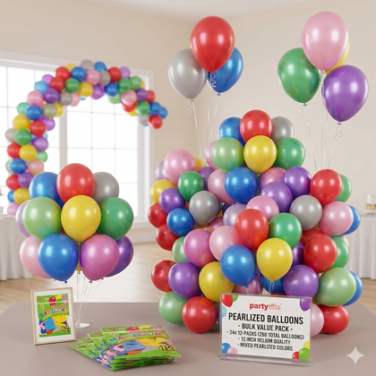 PartyRite 12-Inch Pearlized Helium Balloons, Mixed Colors, 12-Pack (Case of 24)