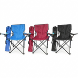 Three folding chairs in blue, red, and black with carrying bags on a white background