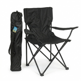 Black folding chair with carrying bag on a white background