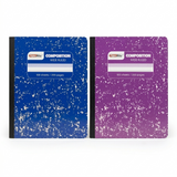 Two composition notebooks, one blue and one purple, on a white background.