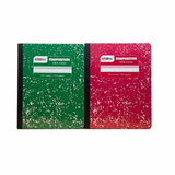 Two composition notebooks, one green and one red, on a white background.